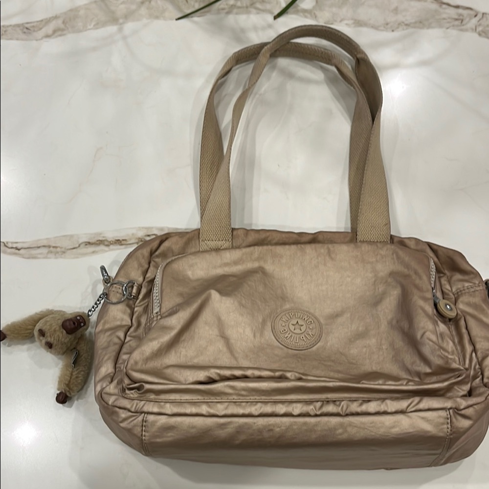 GUC Kipling gold nylon shoulder bag canvas shoulder strap/leather top & gorilla